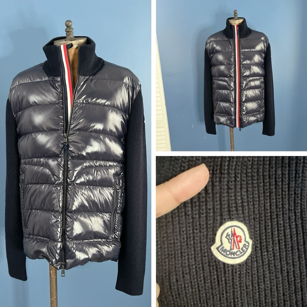 Moncler MAGLIONE Tricot Wool Knit Quilted Down Cardigan Jacket Navy Women Large